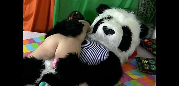  Attractive brunette girl seducing Panda bear